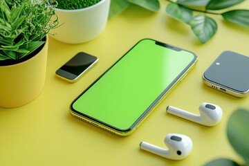 iPhone with green screen mockup on yellow background surrounded by plants and tech accessories