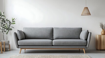 A sleek gray Scandinavian sofa with wooden legs, surrounded by light wooden decor and soft cushions.