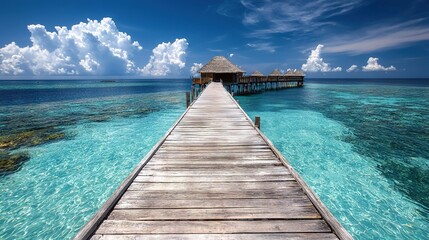 Obraz premium A wooden pier stretches into the sea, ending with a cozy hut on the opposite shore