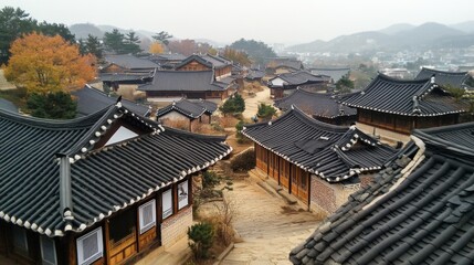 The stunning view of the Hanok Village in Suwon, showcasing traditional architecture and peaceful surroundings.