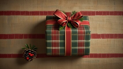 Fototapeta premium a christmas present with a red bow on it sits on a striped wall.