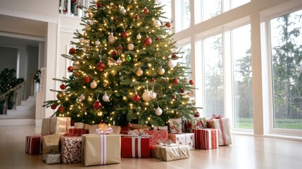 Cozy Christmas Tree with Gifts in Bright Living Room