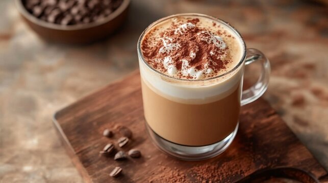Mocha latte with a sprinkling of cocoa powder, enhancing its rich chocolate flavor