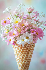 Pastel-Colored Flowers in a Waffle Cone