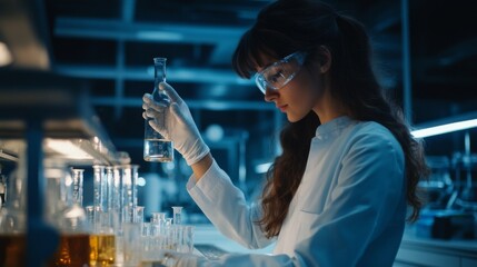 Female Scientist Examining a Liquid in a Glass Flask in a Laboratory Setting