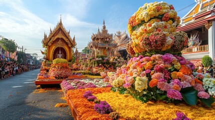 The vibrant blooms of the annual Chiang Mai Flower Festival, with parades of floats covered in flowers.