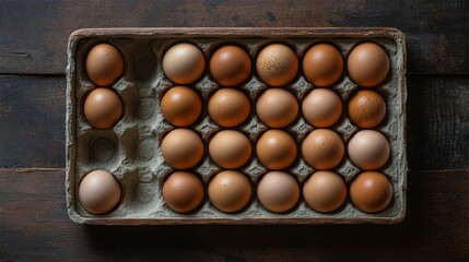 Organic brown eggs arranged neatly in a rustic wooden tray, emphasizing natural simplicity