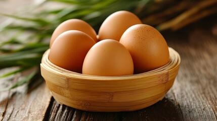 Organic brown eggs in a bamboo egg holder with an eco-friendly appeal