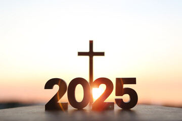 The brightly rising sun of the new year 2025, sunrise and sunset, the holy cross of Jesus Christ and the church faith and belief background
