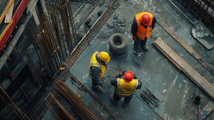 Workers in high-visibility safety gear engaged in construction tasks, with safety measures clearly visible