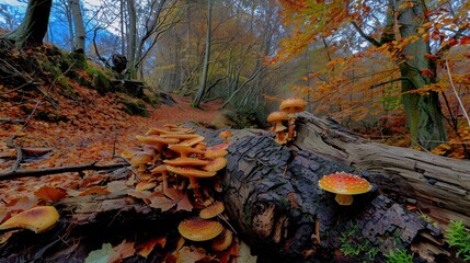 Obraz premium Vibrant Mushrooms Growing on a Log in Autumn Forest