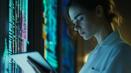 Woman in White Coat Examining Code on Tablet
