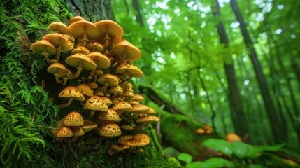 Mushrooms Growing on a Mossy Tree Trunk