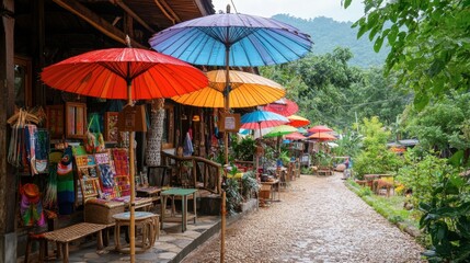 Naklejka premium The vibrant umbrellas and handicrafts at the Bo Sang Umbrella Village, a popular spot for tourists.
