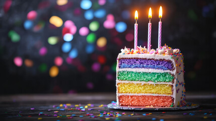 Vibrant rainbow cake slice with sprinkles and lit candles