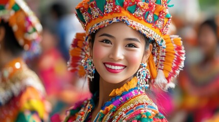 Fototapeta premium Traditional Isan dancers performing at a cultural festival in Roi Et, with colorful costumes and joyful expressions.