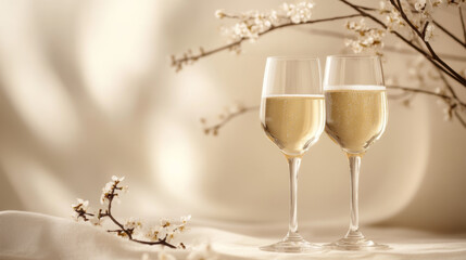 Two Glasses of Sparkling Wine with Cherry Blossoms