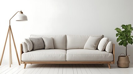 A soft taupe Scandinavian sofa set against a white wall, with light wooden accents and a simple floor lamp.
