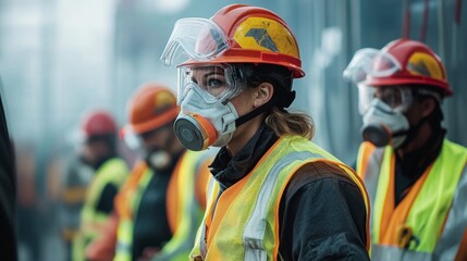 Obraz premium Workers on site wearing full safety gear including helmets, gloves, and reflective vests