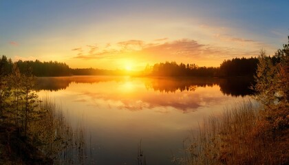 Obraz premium Panorama of beautiful sunrise over lake 
