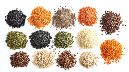 "An assortment of cereals, including tri-color quinoa, black beluga lentils, quinoa, golden linseed, brown flax seeds, green and red lentils, amaranth, whole grain rice, spelt, hemp seeds, 