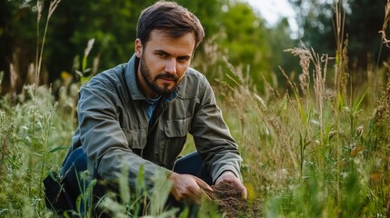Man Examining Soil in a Field of Grass