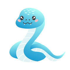 Cute cartoon blue snake in flat style isolated on white. Snake kawaii character