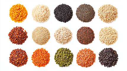 "An assortment of cereals, including tri-color quinoa, black beluga lentils, quinoa, golden linseed, brown flax seeds, green and red lentils, amaranth, whole grain rice, spelt, hemp seeds, 