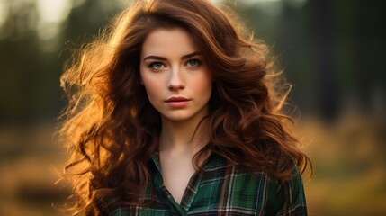Fototapeta premium Radiant Charm: A Half-Body Portrait of a Beautiful Brunette Scottish Girl with Green Eyes and a Messy Beehive Hairstyle in a Tartan Shirt