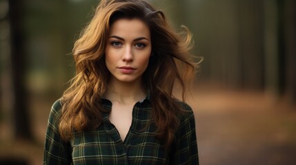 Naklejka premium Radiant Charm: A Half-Body Portrait of a Beautiful Brunette Scottish Girl with Green Eyes and a Messy Beehive Hairstyle in a Tartan Shirt