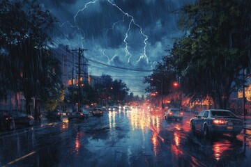 A Rain-Soaked Street with Lightning and Cars