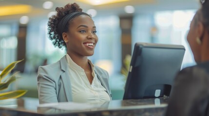Fototapeta premium Friendly Receptionist Assisting Client at Front Desk