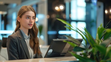 Professional Receptionist Assisting Clients at Front Desk