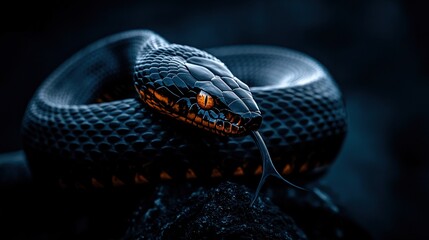 Fototapeta premium Close-up shot of a snake's head perched atop a rock, with radiant eyes shining brightly in low light