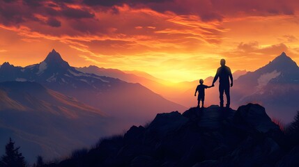Silhouette of a father and son holding hands on top of a mountain at sunset, with mountains in the background