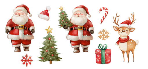 Festive illustrations of Santa Claus, Christmas tree, reindeer, and holiday decorations for celebrating the season