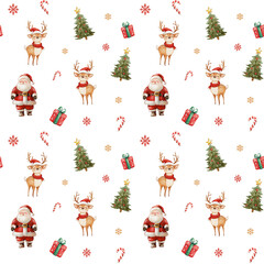 Colorful holiday wrapping paper featuring Santa, reindeer, Christmas trees, and gifts against a white background