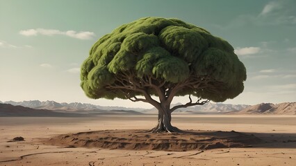 A lonely tall tree standing strong in the middle of a dry bare land during the drought season. Illustrating the tenacious of life and nature.