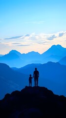 Fototapeta premium Silhouette of a father and son holding hands on top of a mountain at sunset, with mountains in the background