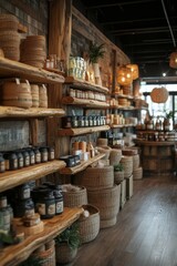 Obraz premium Cozy interior of a natural product shop featuring wooden shelves and decorative plants