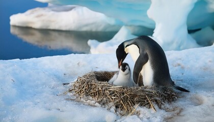 Obraz premium penguins nest with a chick walking around in the ice 
