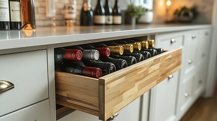 Hidden wine storage drawer in a modern kitchen, featuring sleek white cabinetry and warm wooden accents, bottles arranged in an organized, pull-out design,