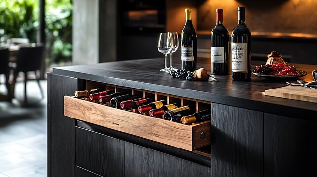Hidden wine storage drawer, seamlessly integrated into a dark wood kitchen island, wine bottles arranged in custom slots, soft warm lighting highlighting the sophisticated design,
