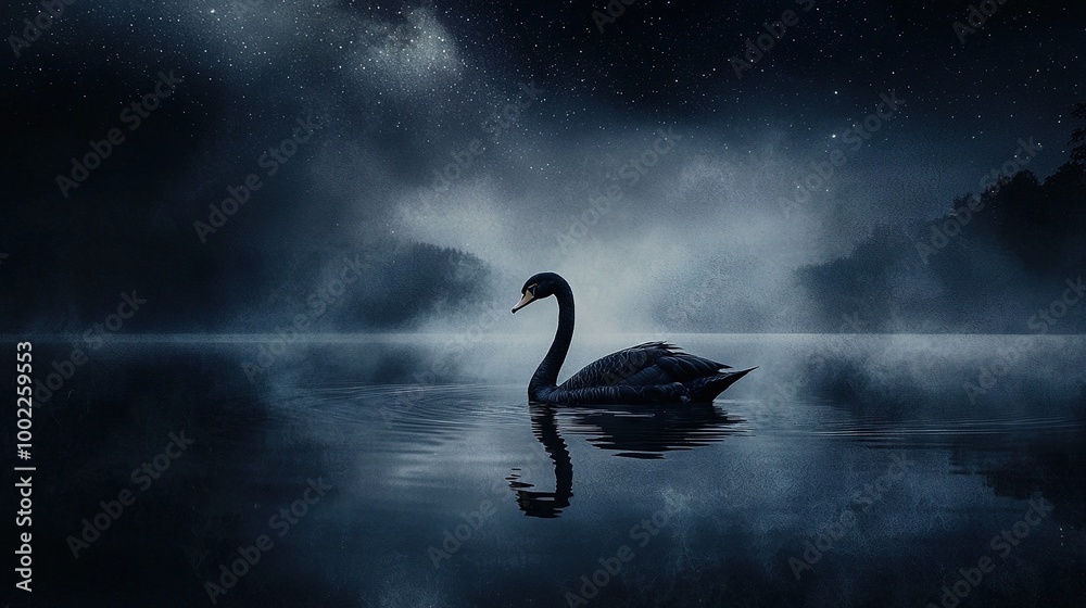 Sticker   A black swan glides over a serene water expanse beneath a star-studded, moonlit sky