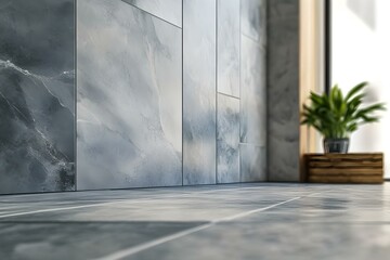 Obraz premium Installing gray marble effect porcelain tiles on the wall using a tile leveling system with a blank copy space image