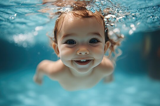 Smiling baby girl swims underwater. This photo is perfect for websites or marketing materials related to baby swimming lessons, water safety, or childhood development.