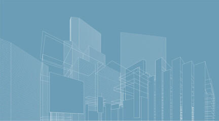 architectural 3D line illustration of a modern cityscape, Blueprint