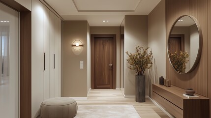 Fototapeta premium Modern hallway interior design featuring wooden accents, soft lighting, and decorative elements in a contemporary setting