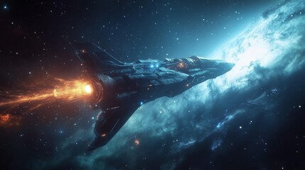 Fototapeta premium A futuristic spaceship speeds through a vibrant galaxy, emitting bright flames from its engines against a backdrop of stars and cosmic clouds.