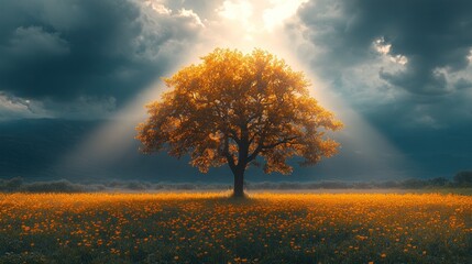 A single tree stands tall in a field of wildflowers, bathed in golden sunlight that breaks through the dramatic clouds overhead.